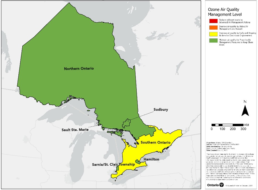 Map showing the ozone Canadian Ambient Air Quality Standard effective management levels for air zones across Ontario