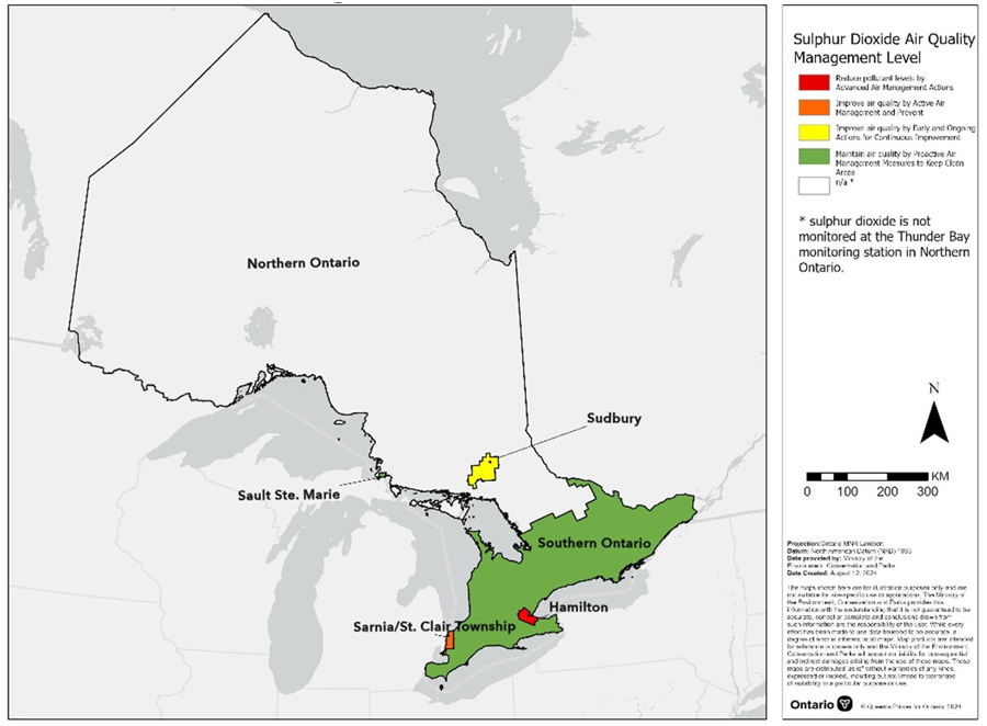 Map displaying the sulphur dioxide Canadian Ambient Air Quality Standard management levels for air zones across Ontario