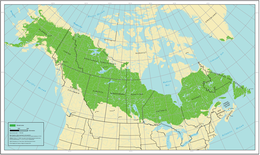 Map showing the boreal forest zone across Canada