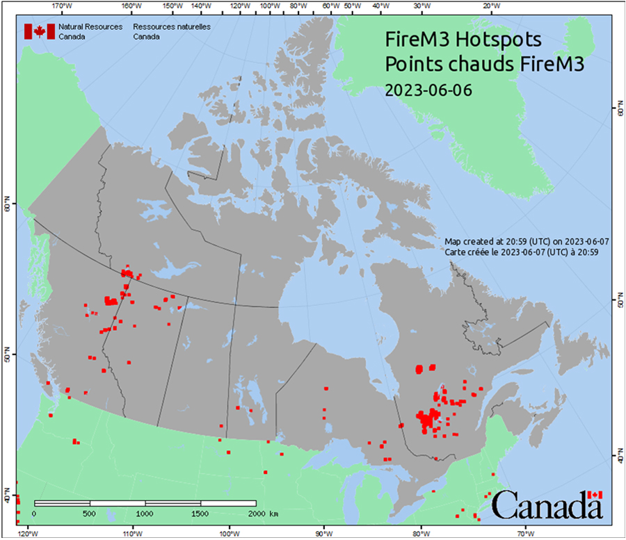 Map showing heat sources from vegetation fires across Canada