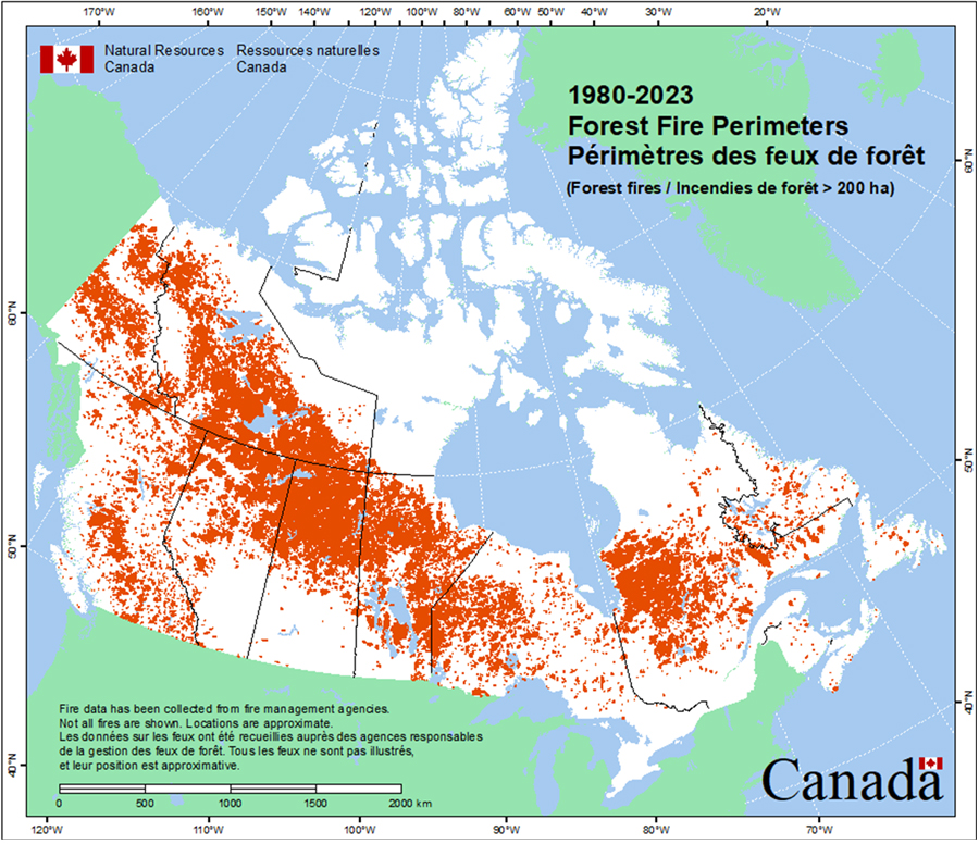 Map showing the forest fire perimeters across Canada