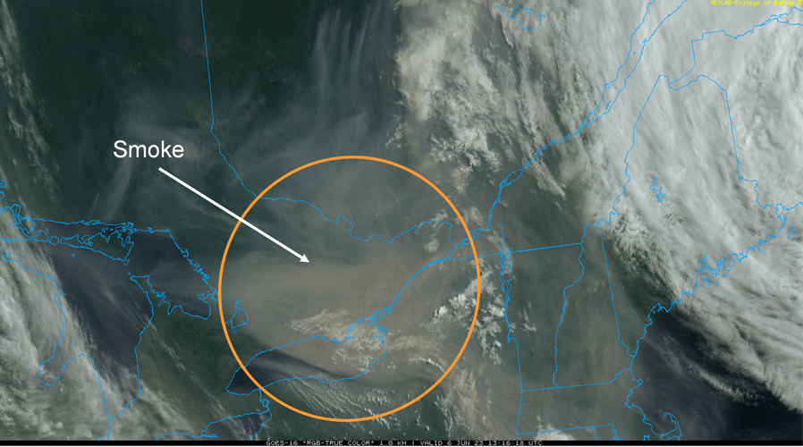 Satellite image showing smoke from the Quebec wildfires