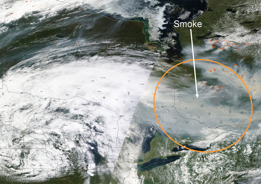 Satellite image showing the grey smoke from the northern Ontario and Quebec wildfires