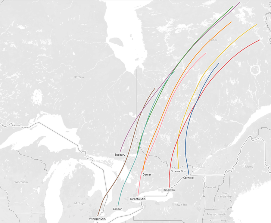 Map showing a 24-hour trajectory analysis