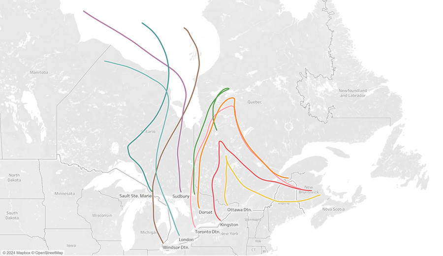 Map showing map a 60-hour back trajectory analysis