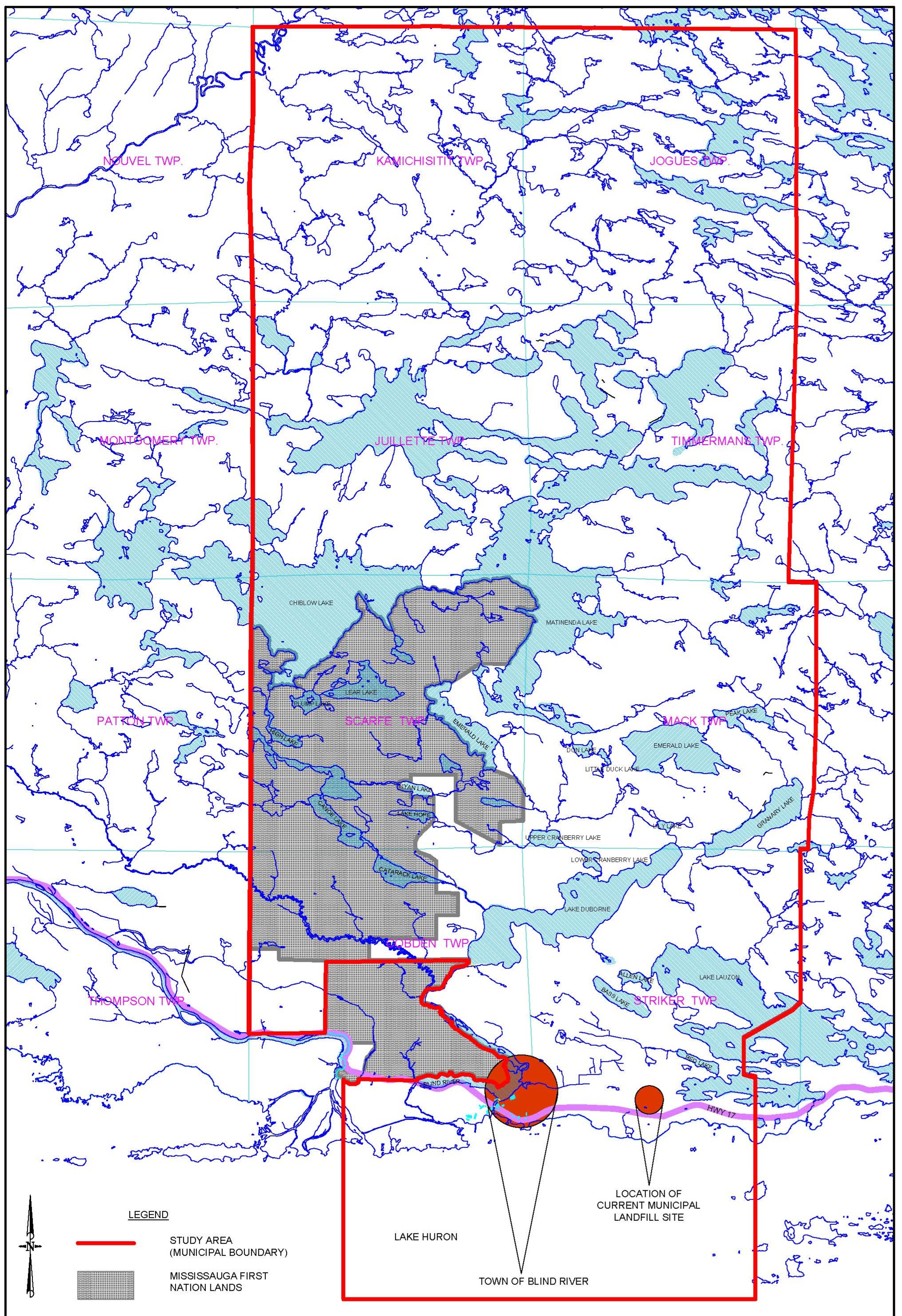 Cette carte montre l’emplacement du projet proposé à l’est de la ville de Blind River