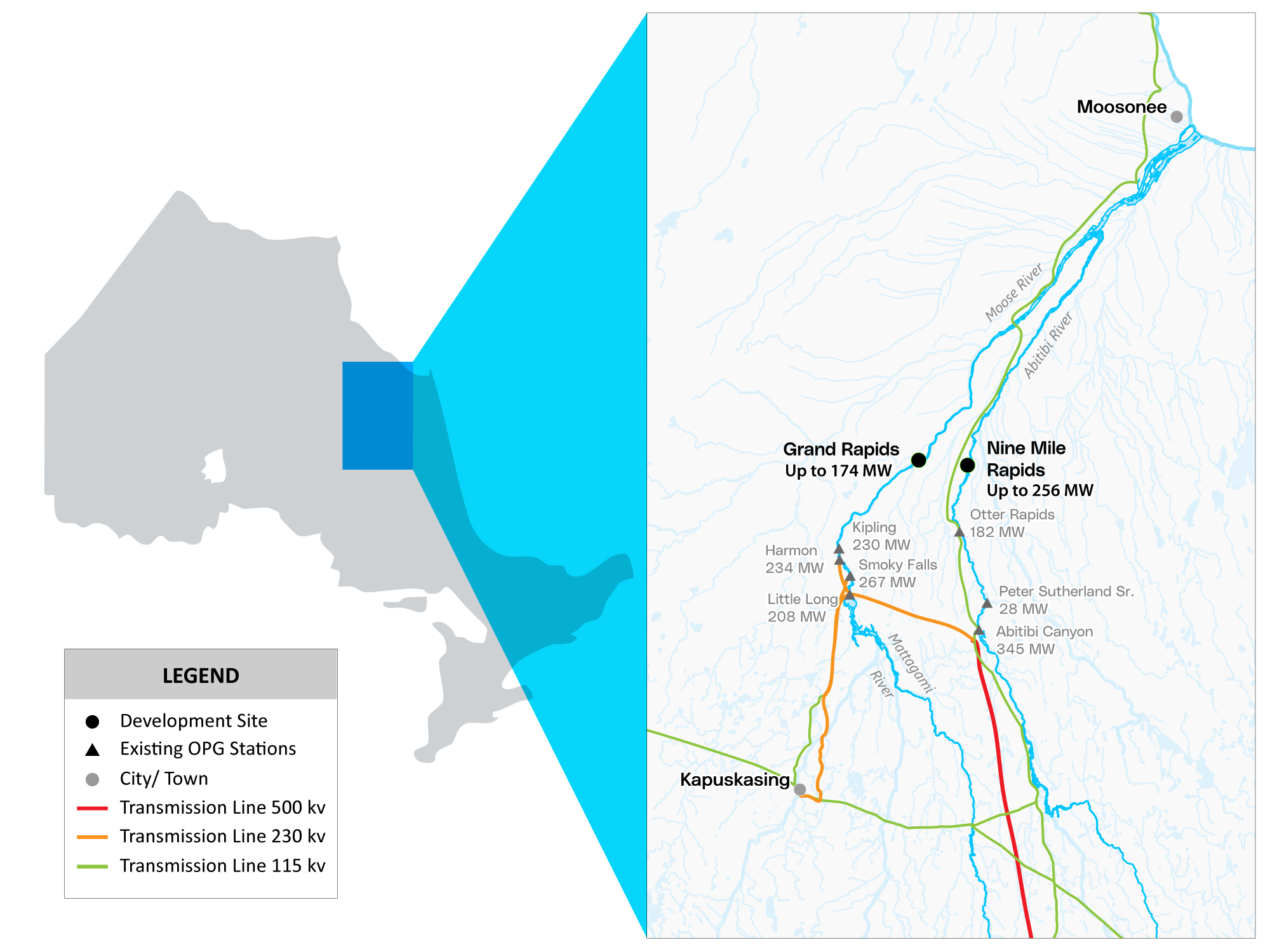 Carte montrant le nord de l’Ontario avec l’emplacement des nouvelles grandes centrales hydroélectriques à l’étude ainsi que les grandes centrales hydroélectriques actuelles.  