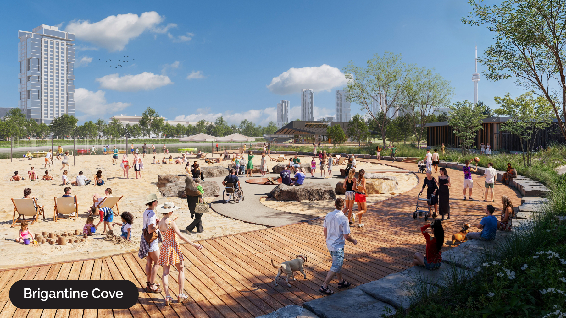 Ontario Place rendering of the beach on a sunny day with people walking on the boardwalk