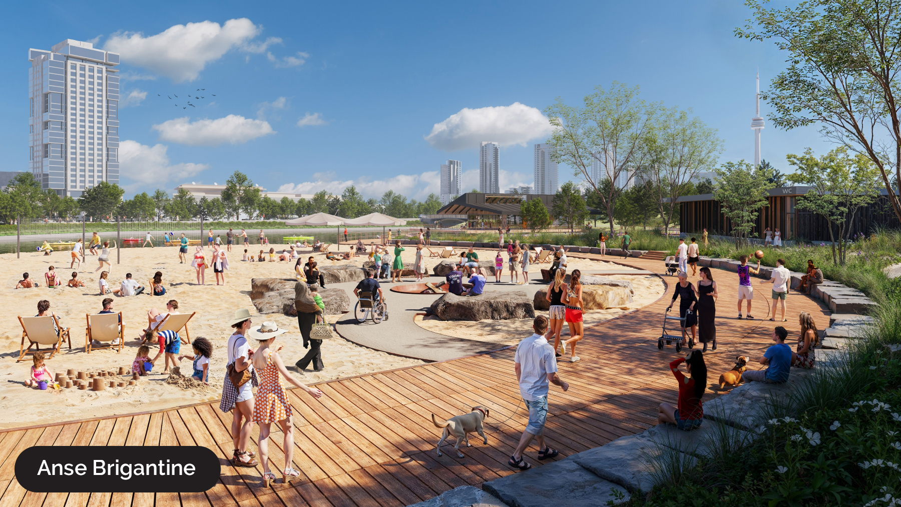 Représentation de la plage à la Place de l’Ontario par une journée ensoleillée avec des gens qui se déplacent sur la promenade