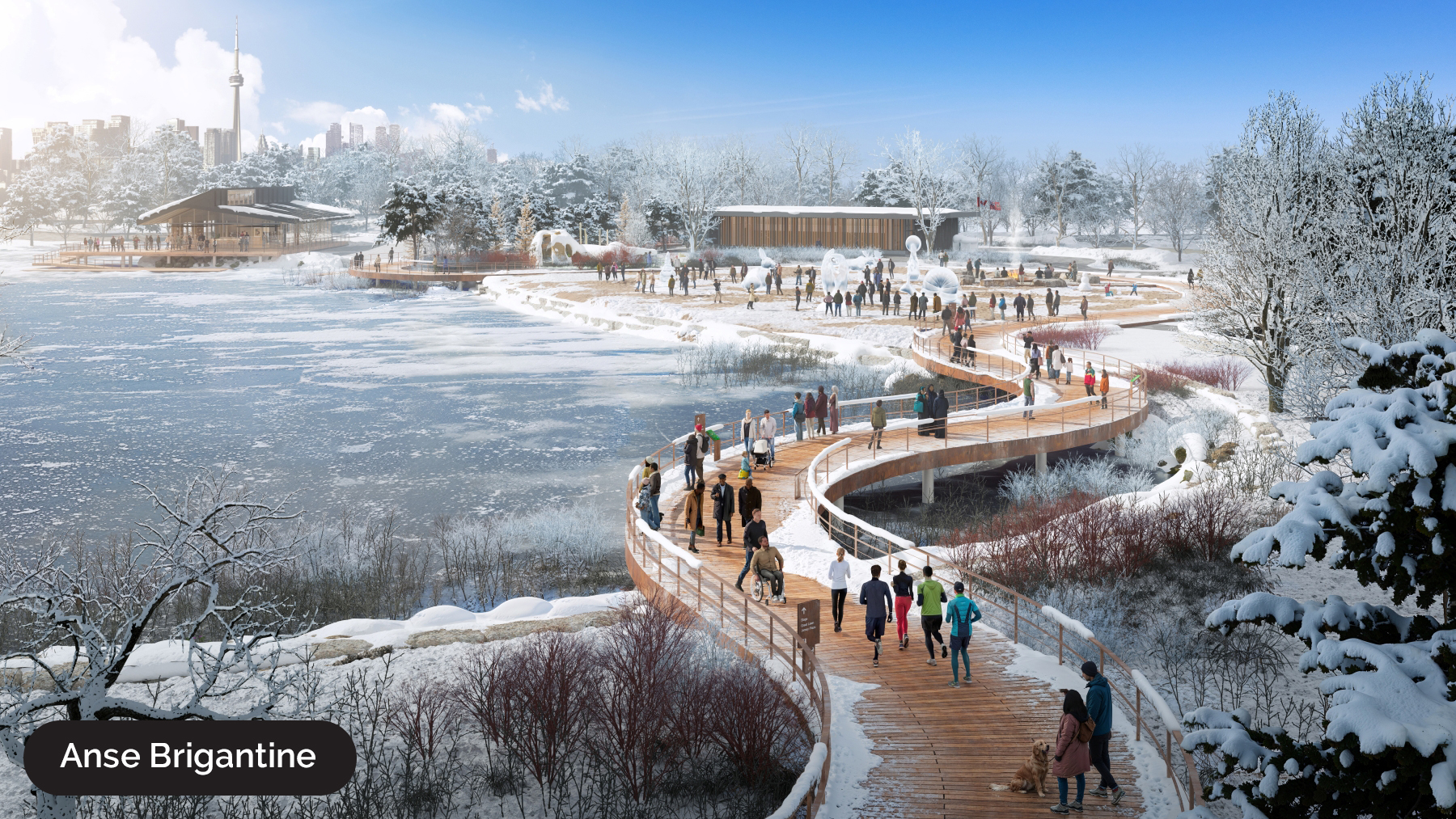 Représentation de la promenade au-dessus de l’anse de la Place de l’Ontario en hiver