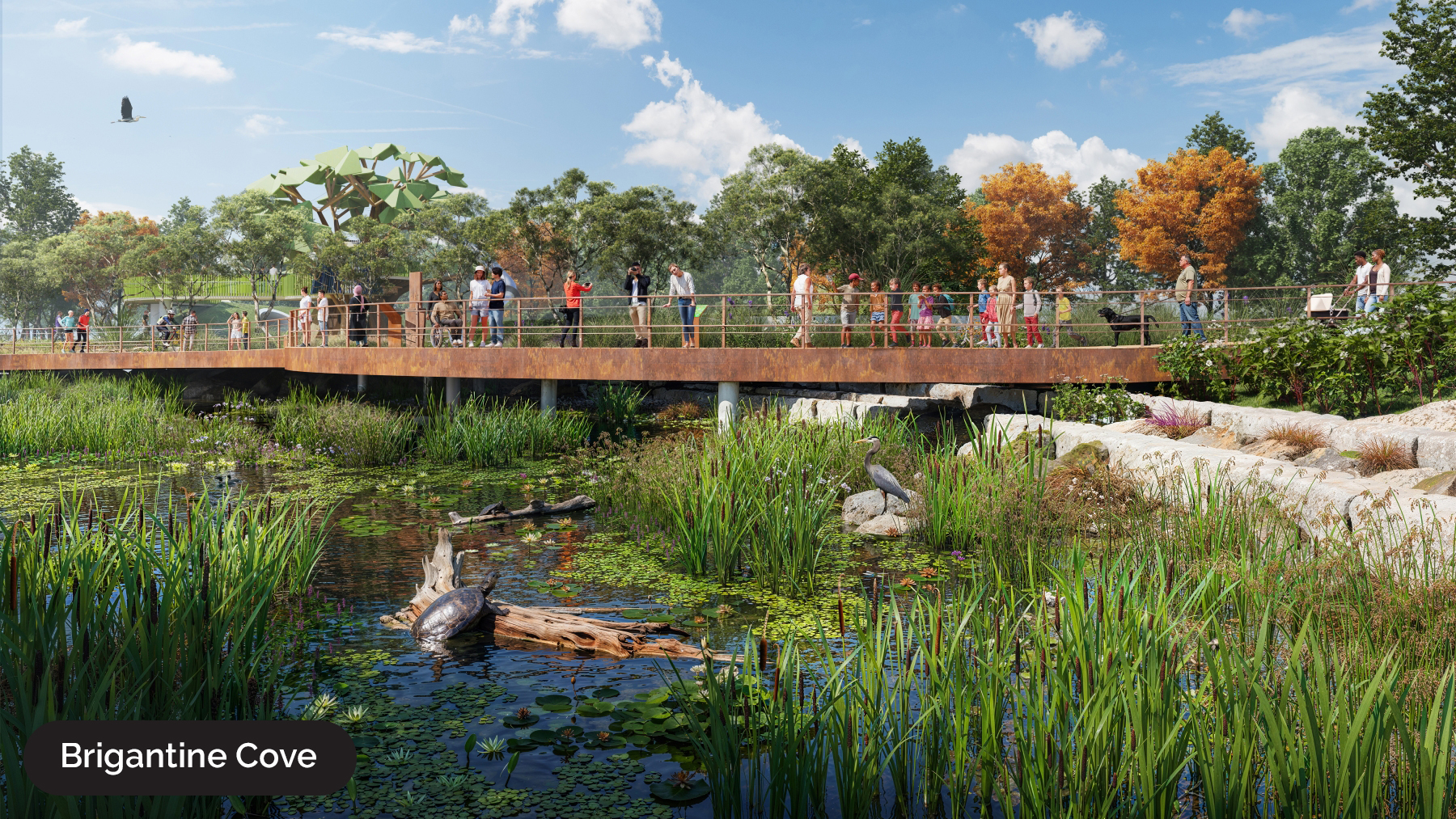 Ontario Place rendering of the cove with a pedestrian bridge over water and wildlife around