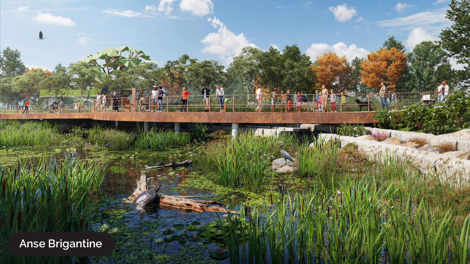 Représentation de l’anse de la Place de l’Ontario avec un pont piétonnier au-dessus de l’eau et de la faune autour
