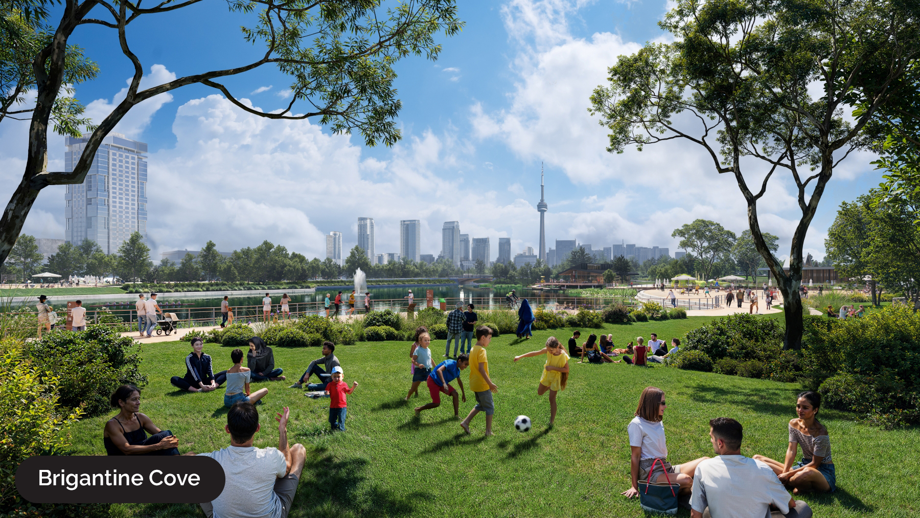 Ontario Place rendering of the cove lawn with the Toronto city skyline in the background and people enjoying the park