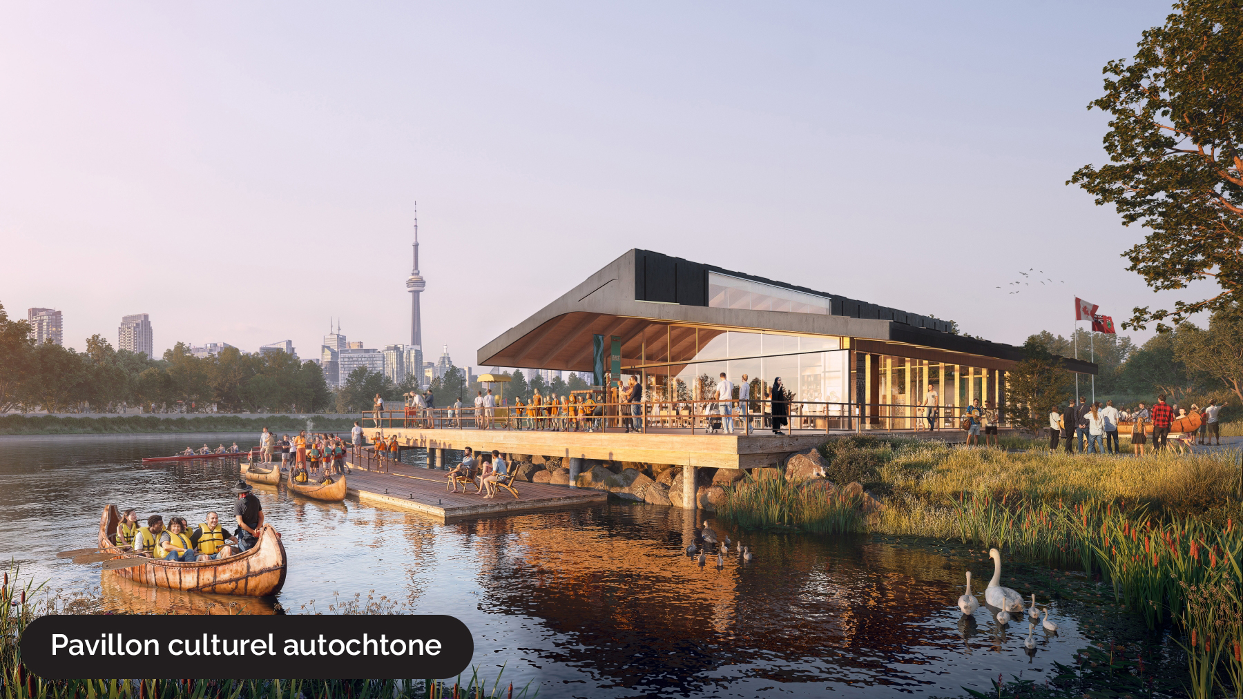 Représentation de la Place de l’Ontario avec des gens qui visitent le pavillon culturel autochtone, surplombant l’eau sur laquelle se déplacent des canots