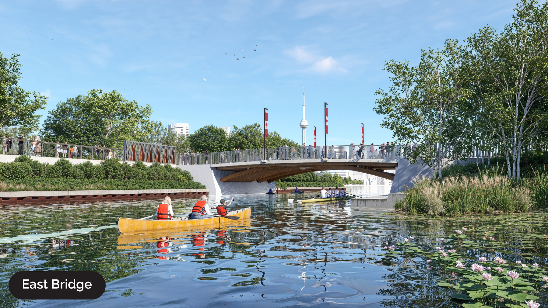 Ontario Place rendering of the east bridge with rowers and a canoe on the waterway below