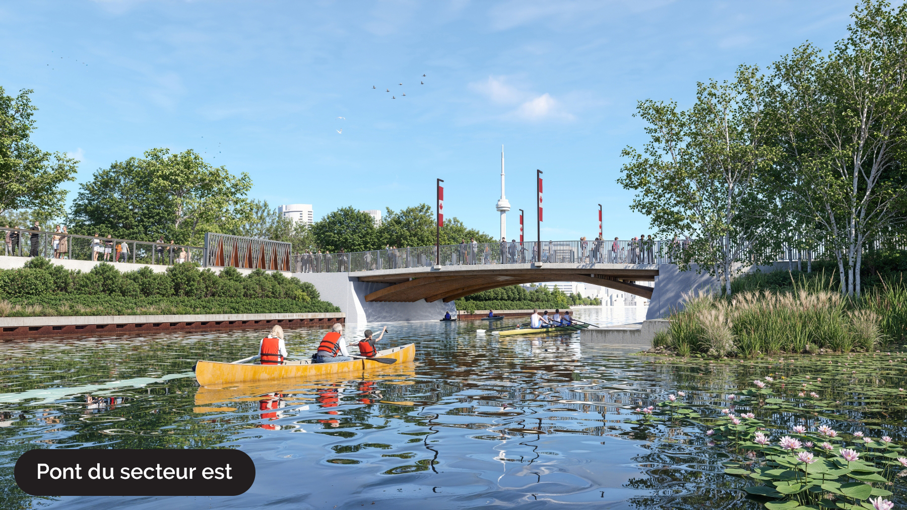 Représentation du pont est de la Place de l’Ontario avec des rameurs et un canot sur la voie navigable en contrebas