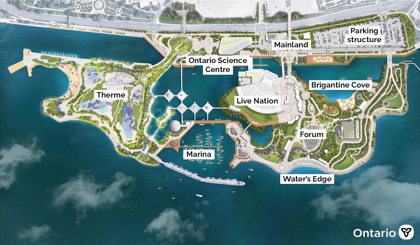 Aerial map of Ontario Place labelling areas from left to right: Therme Canada, Ontario Science Centre, Marina, Live Nation, Mainland, Parking, Brigantine Cove, Forum and Water's Edge
