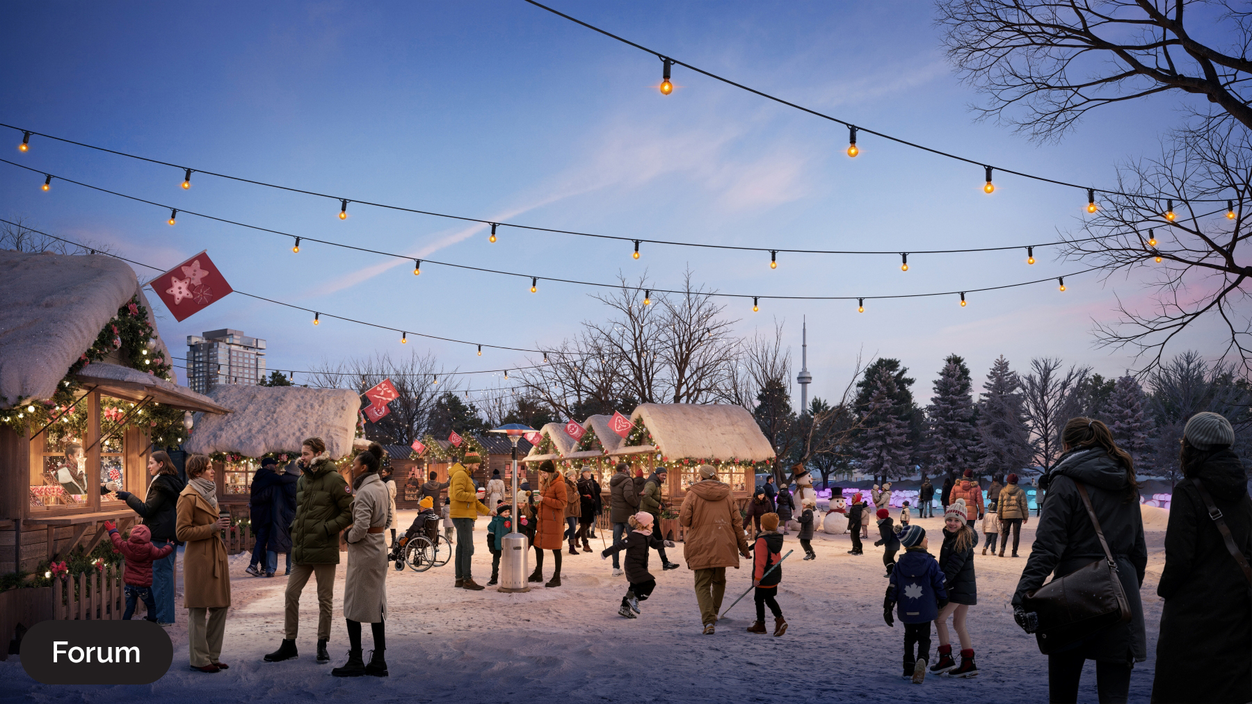 Ontario Place rendering of markets stalls in winter in the forum and people walking through the space