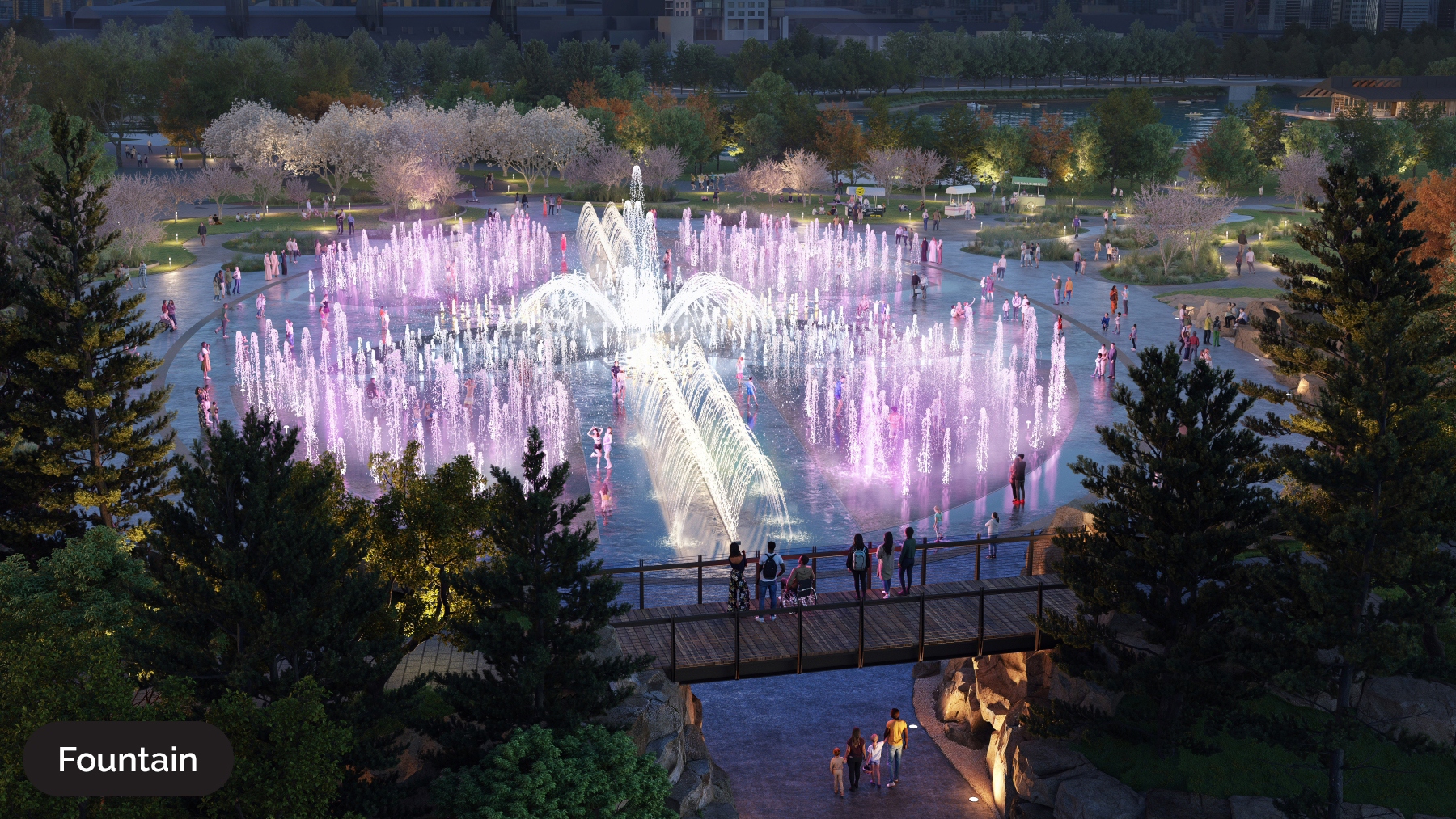 Ontario Place rendering of an overview of people walking around a series of fountains illuminated at dusk