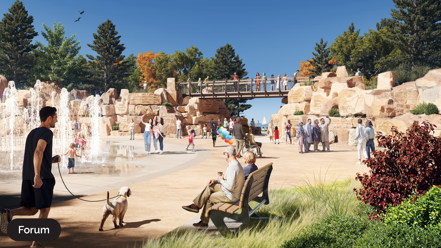 Ontario Place rendering of a rock wall featuring carvings with a fountain to the side