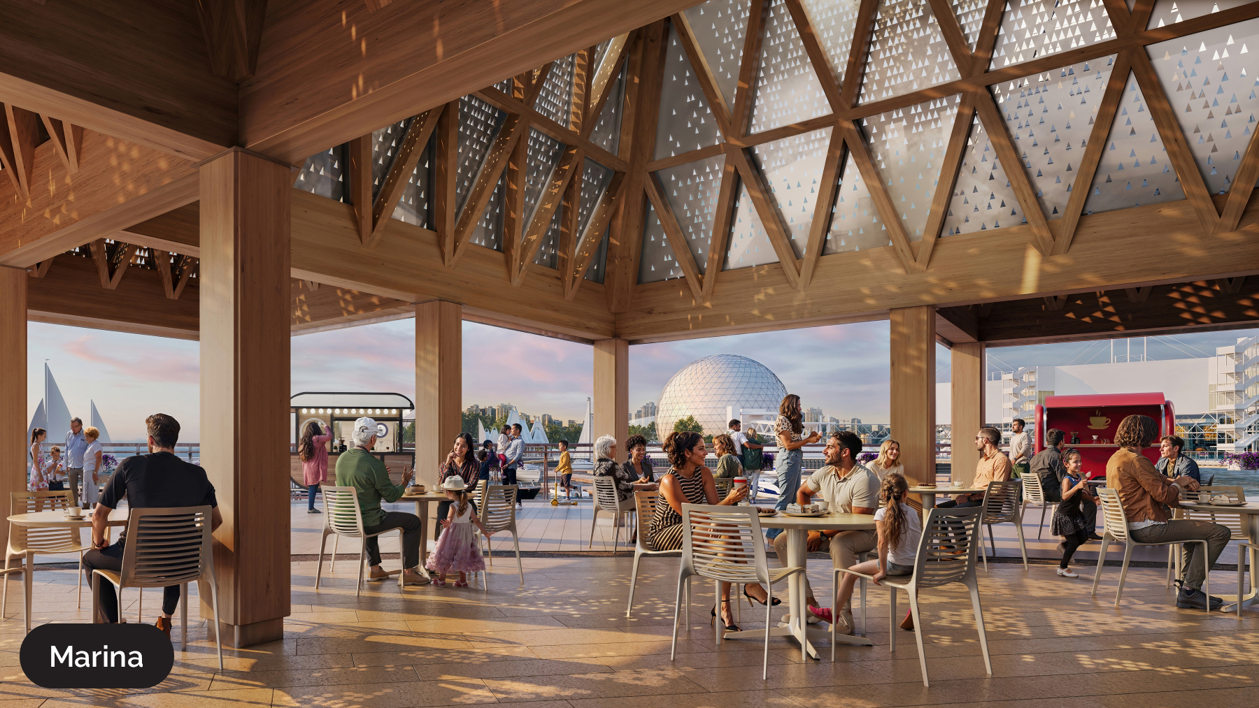 Ontario Place rendering of the open air pavilion dining area at the marina