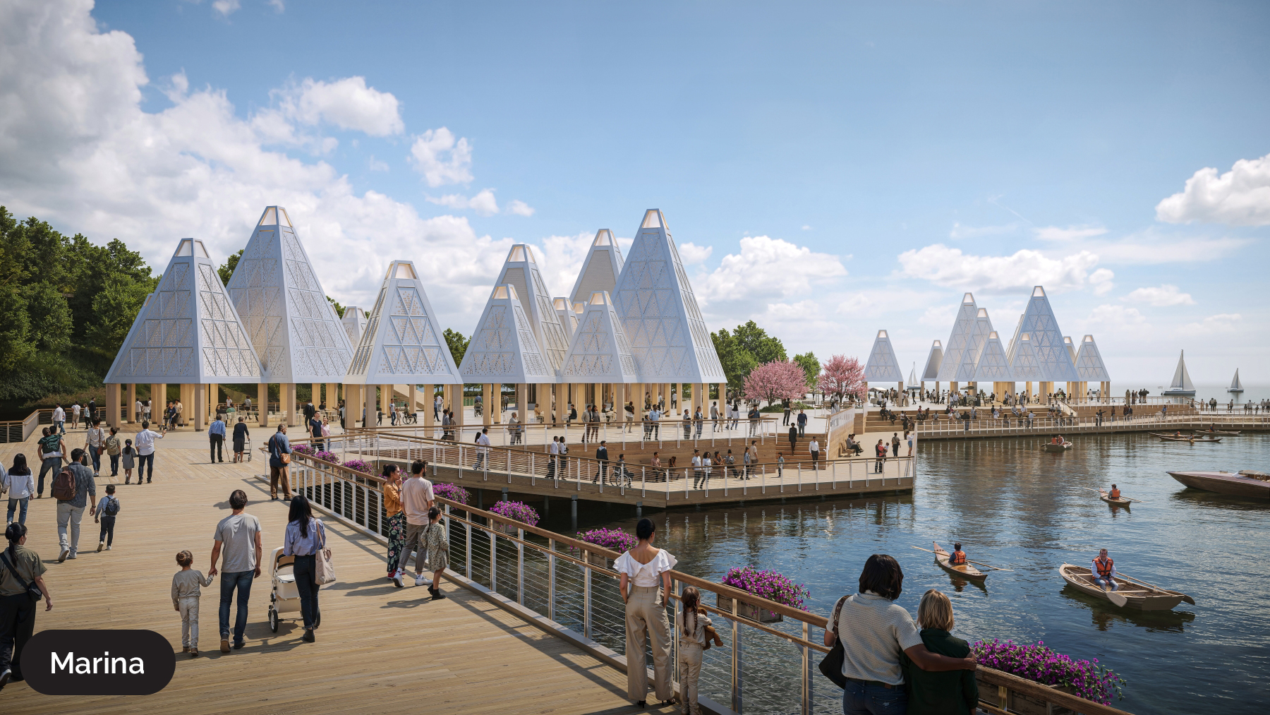 Ontario Place rendering of the marina deck with boats in the lake and people enjoying the space