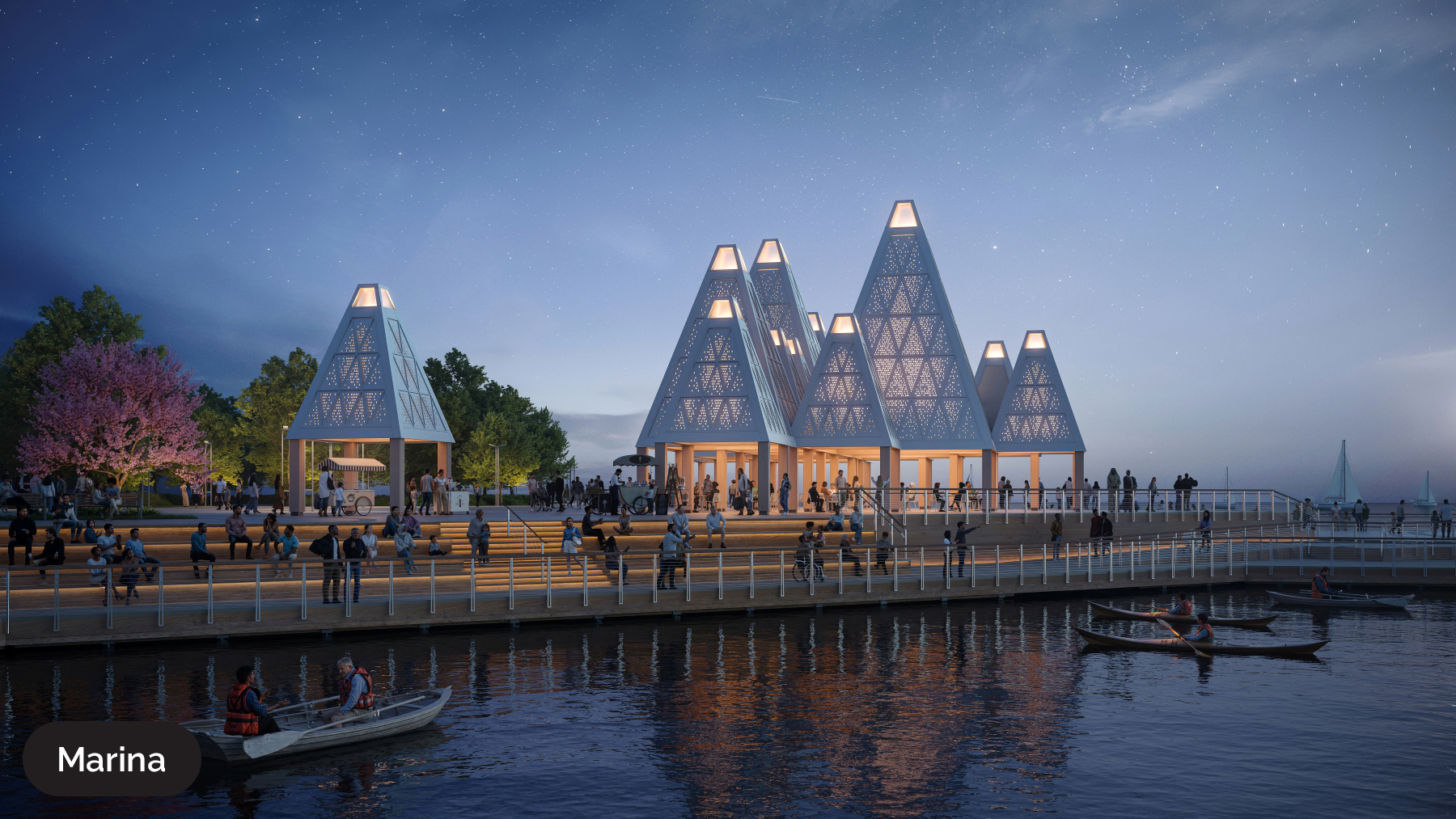 Ontario Place rendering of the marina deck and open air pavilions, with boats in the lake in the evening