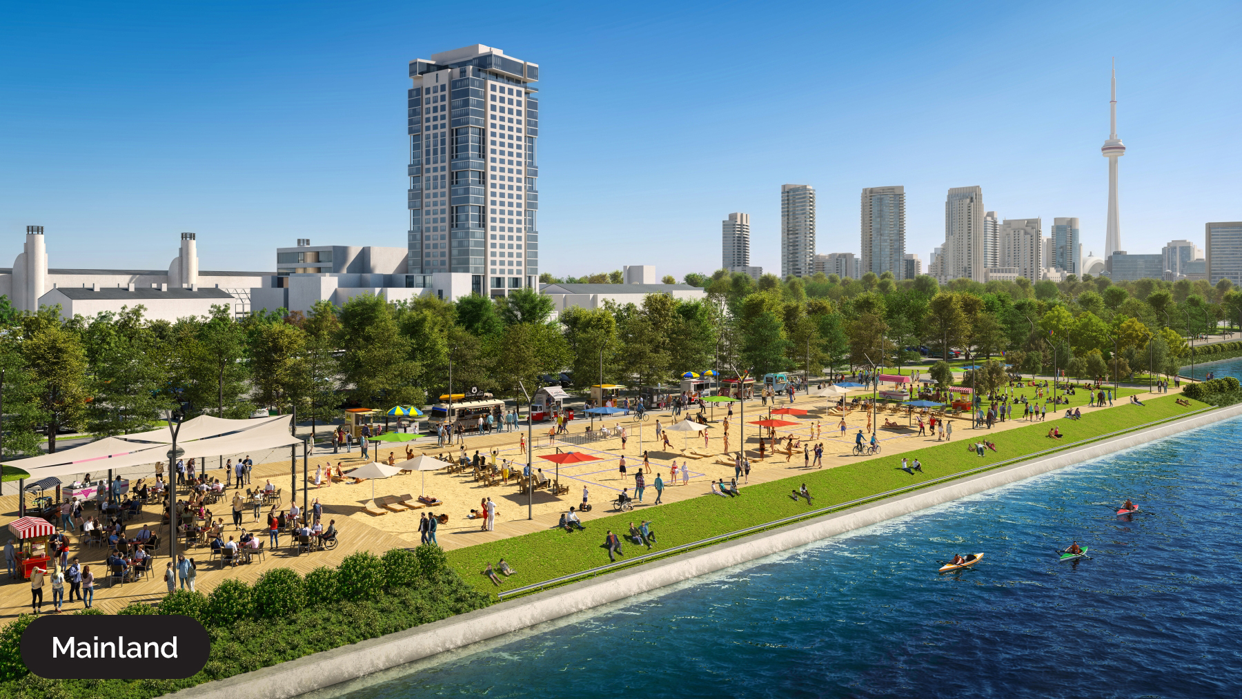 Ontario Place rendering of the north shore on a sunny day with people enjoying the beach