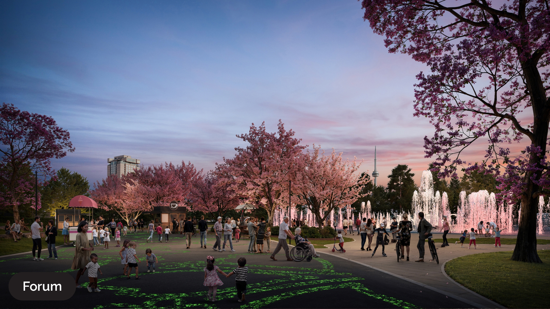 Ontario Place rendering of the photoluminescent pavers at dusk with the fountain in the background
