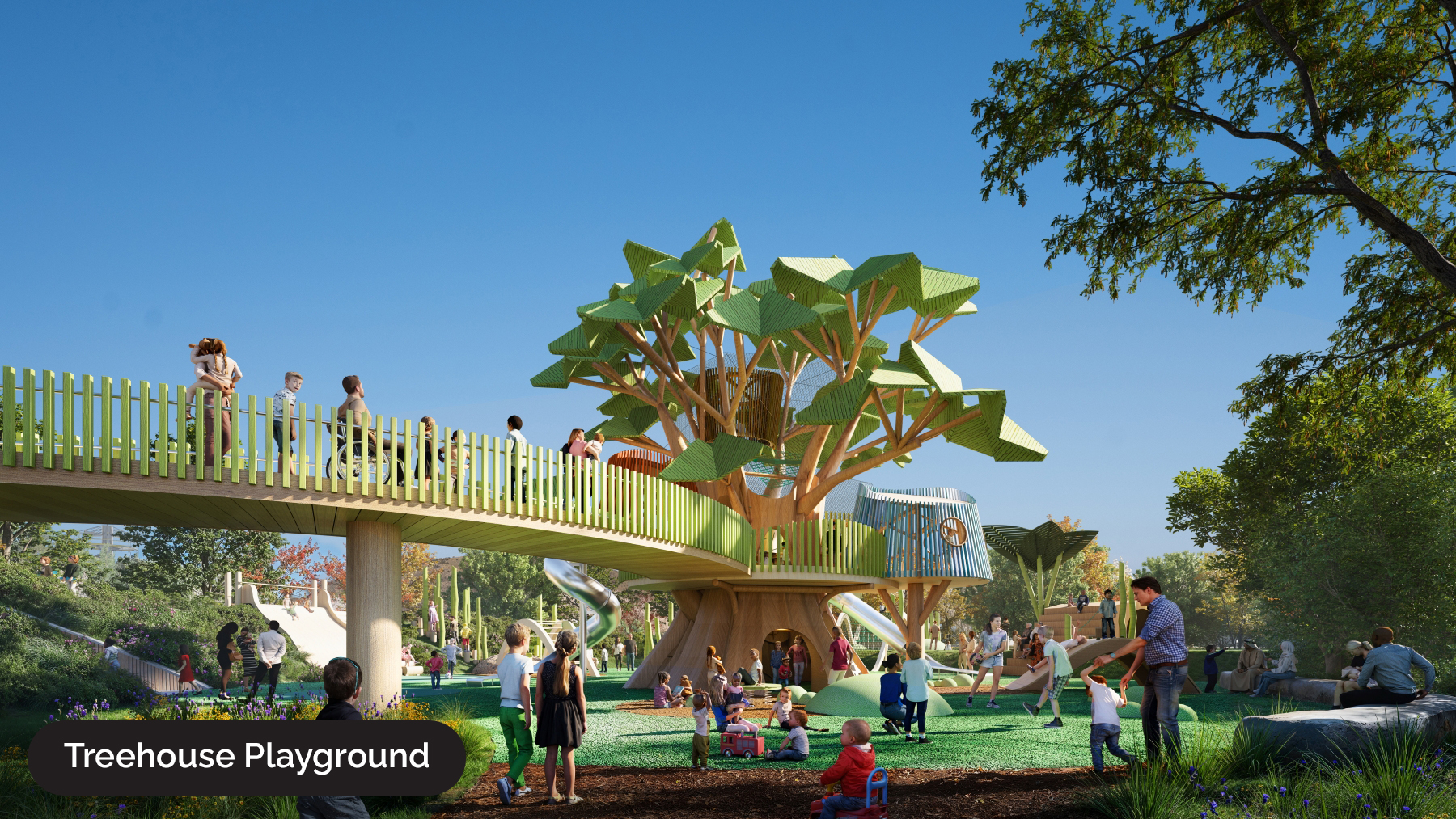 Ontario Place rendering of people on the accessible path that leads to the treehouse playground