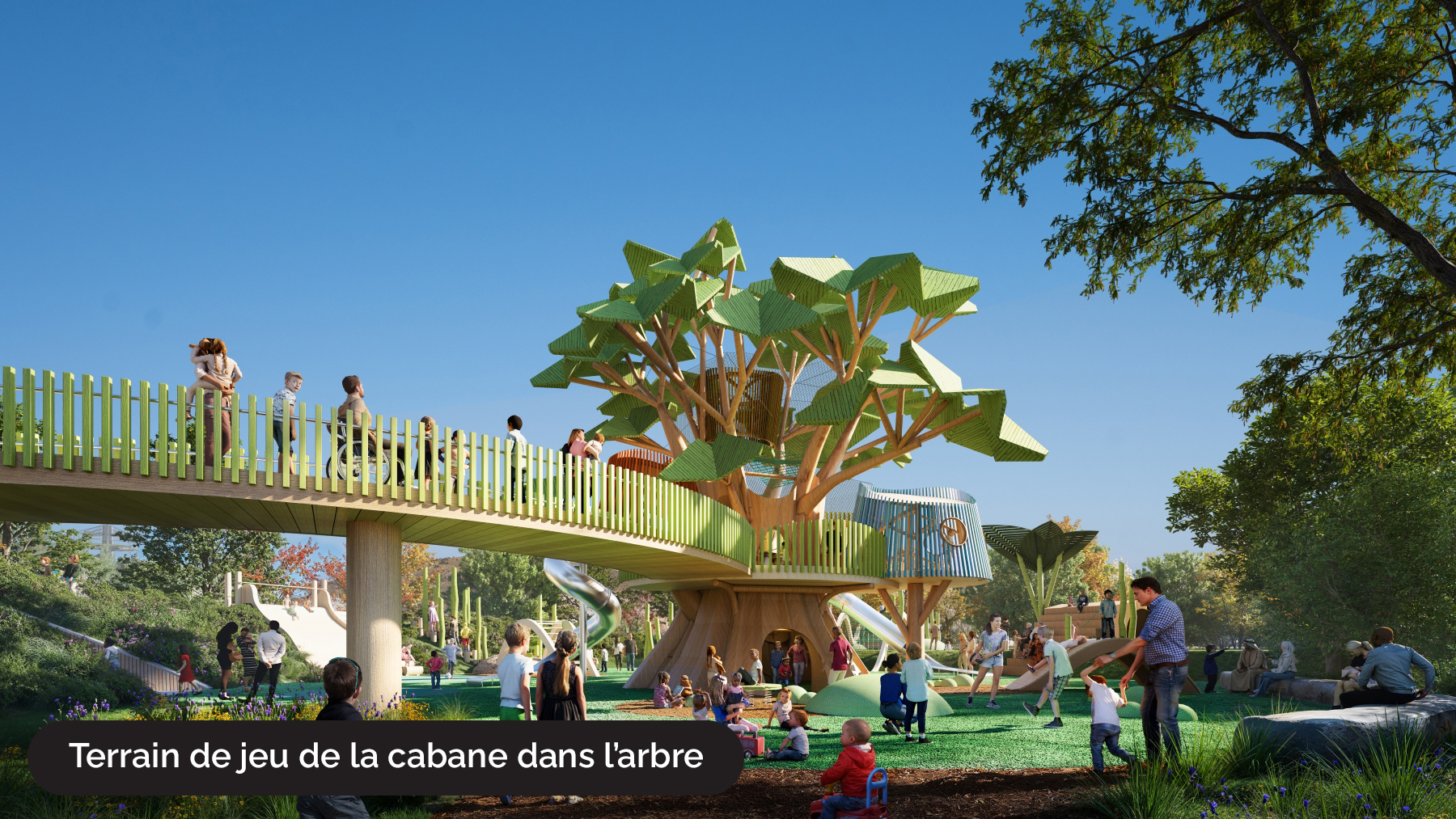 Représentation de la Place de l’Ontario avec des personnes sur le chemin accessible qui mène au terrain de jeu de la cabane dans les arbres