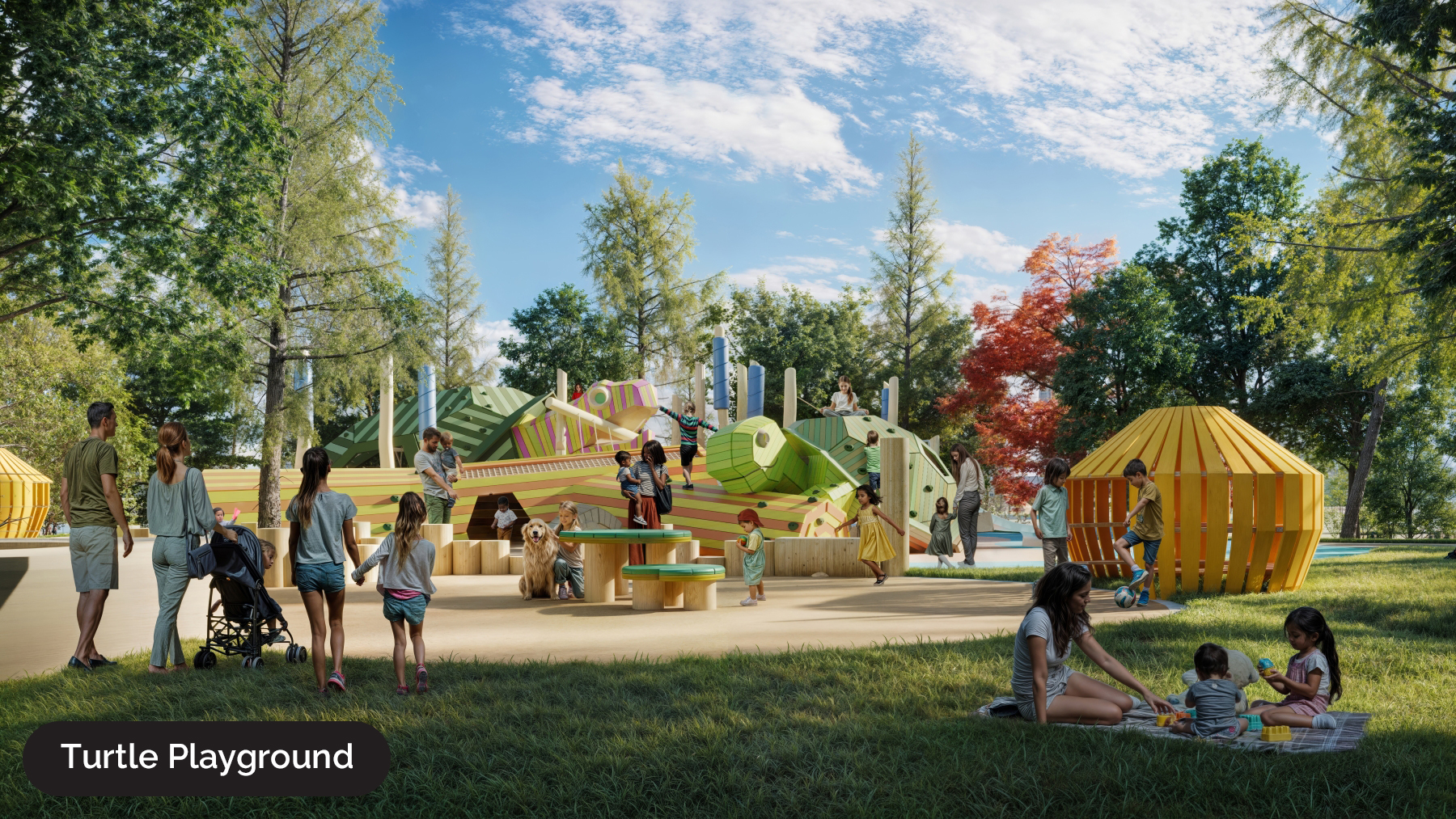 Ontario Place rendering of children interacting with the turtle playground