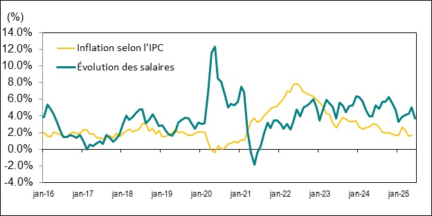 Le diagramme linéaire du graphique 8 illustre la variation d’une année à l’autre, en pourcentage, du taux de salaire horaire moyen et de l’indice des prix à la consommation (IPC) de l’Ontario, de janvier 2016 à juin 2025.