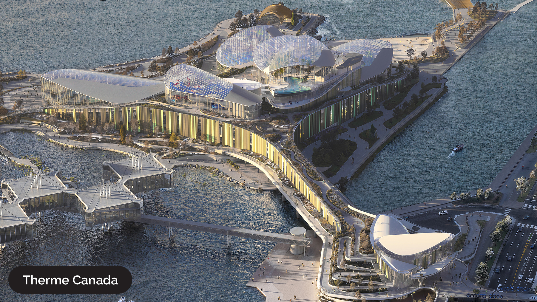 A rendering provided by Therme Canada of an aerial view of Therme planned structures on the West Island.