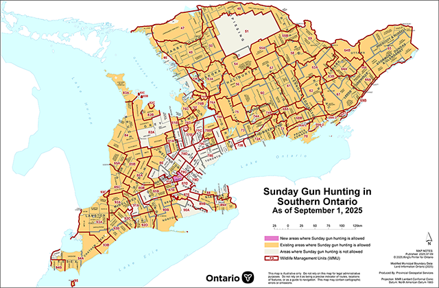 Map showing municipalities that allow Sunday gun hunting in Southern Ontario, effective September 1, 2025. The map highlights the Township of Puslinch as a newly added municipality.