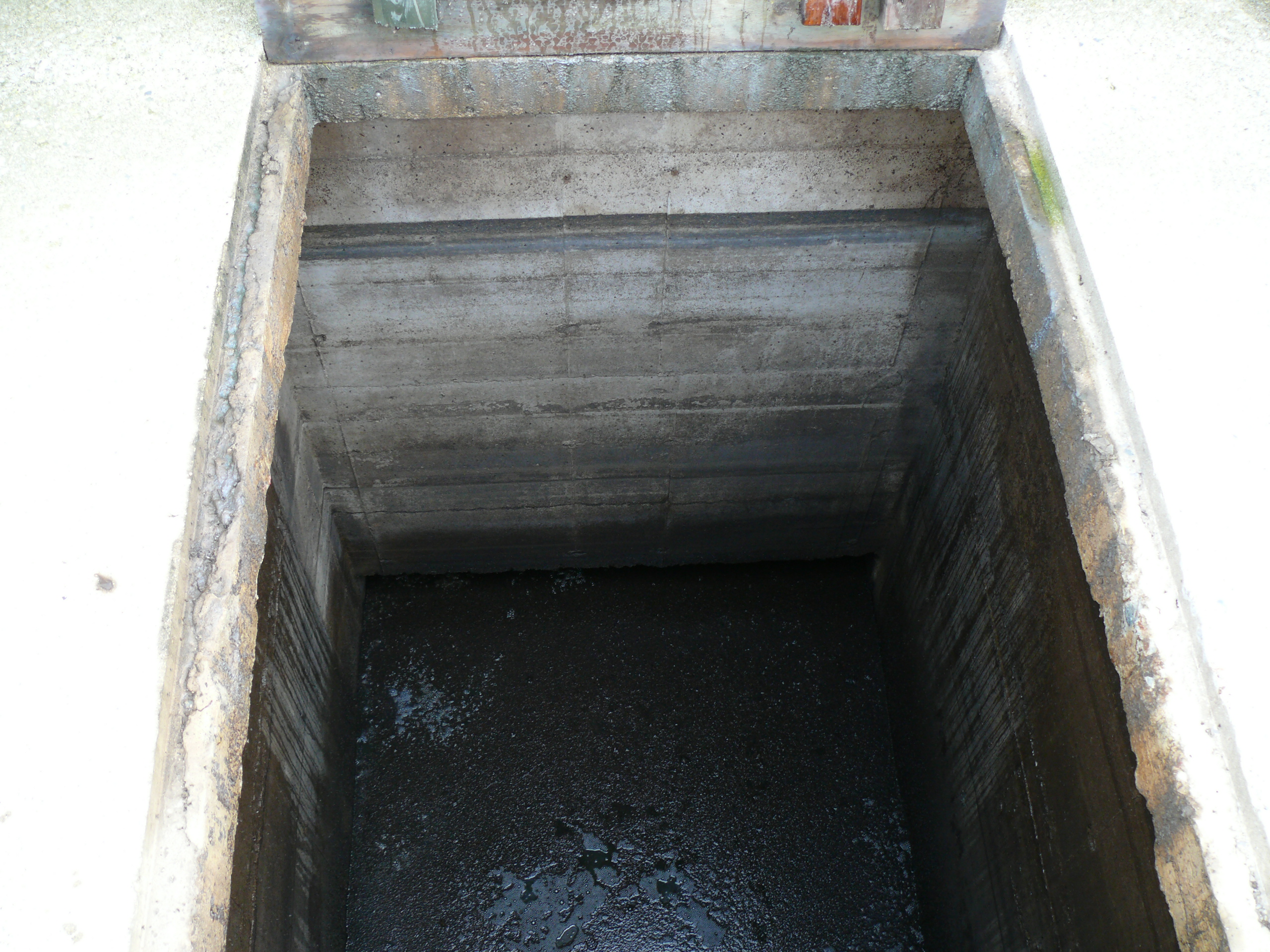 a pump-out access pit. A baffle extends down to just above the level of the manure