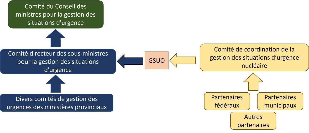 Ce diagramme illustre les relations entre les comités de la structure de gestion des situations d’urgence nucléaire de l’Ontario. Une description détaillée du diagramme suit l’image.
