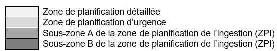 Ce diagramme présente la zone de planification détaillée (ZPD), la zone de planification d’urgence (ZPU) et la zone de planification de l’ingestion (ZPI), y compris les sous-zones A et B de la ZPI, ainsi que huit secteurs d’intervention. Une description détaillée du diagramme suit l’image.