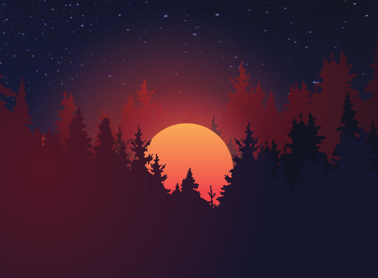 Illustration of the sun setting between two rows of trees.