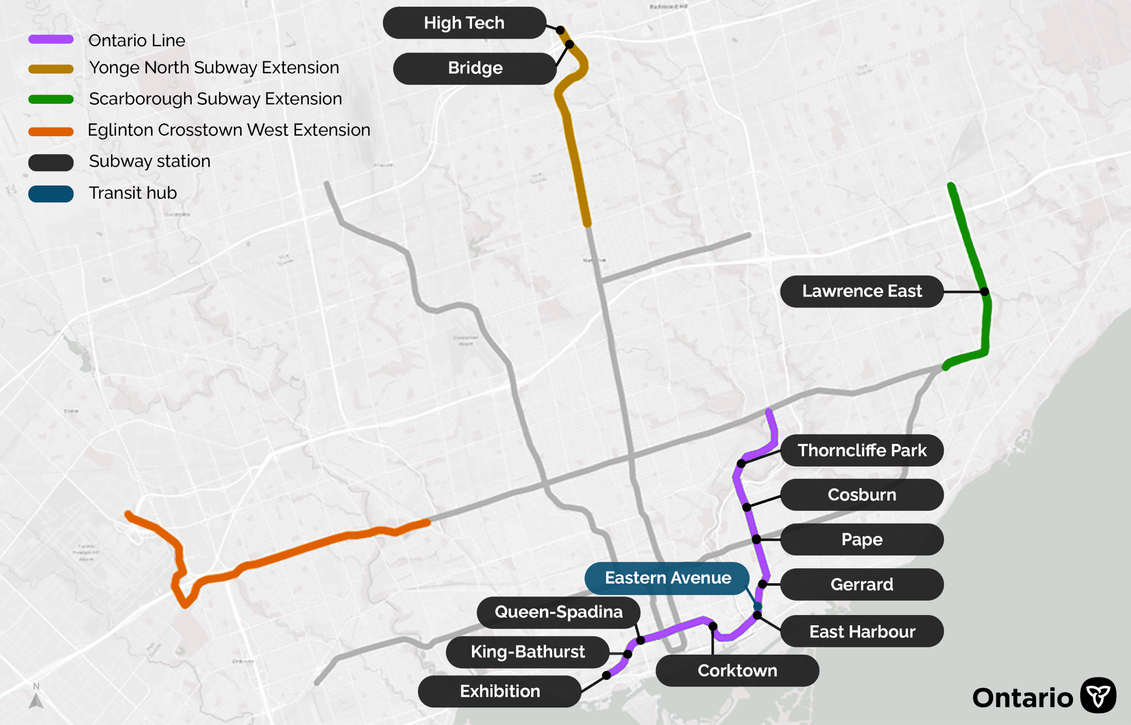 A map of Toronto showing four subway lines with labels indicating proposed transit-oriented communities around stations and transit hub. These include, at the top, High Tech and Bridge stations on the Yonge North Subway Extension; on the right side, Lawrence East station on the Scarborough Subway Extension and along the bottom from left to right, Exhibition, King-Bathurst, Queen-Spadina, Corktown, East Harbour, Gerrard, Pape, Cosburn, and Thorncliffe Park stations on the Ontario Line. The Eastern Avenue Transit Hub is located near East Harbour station and on the left side of the map is the Eglinton Crosstown West Extension.