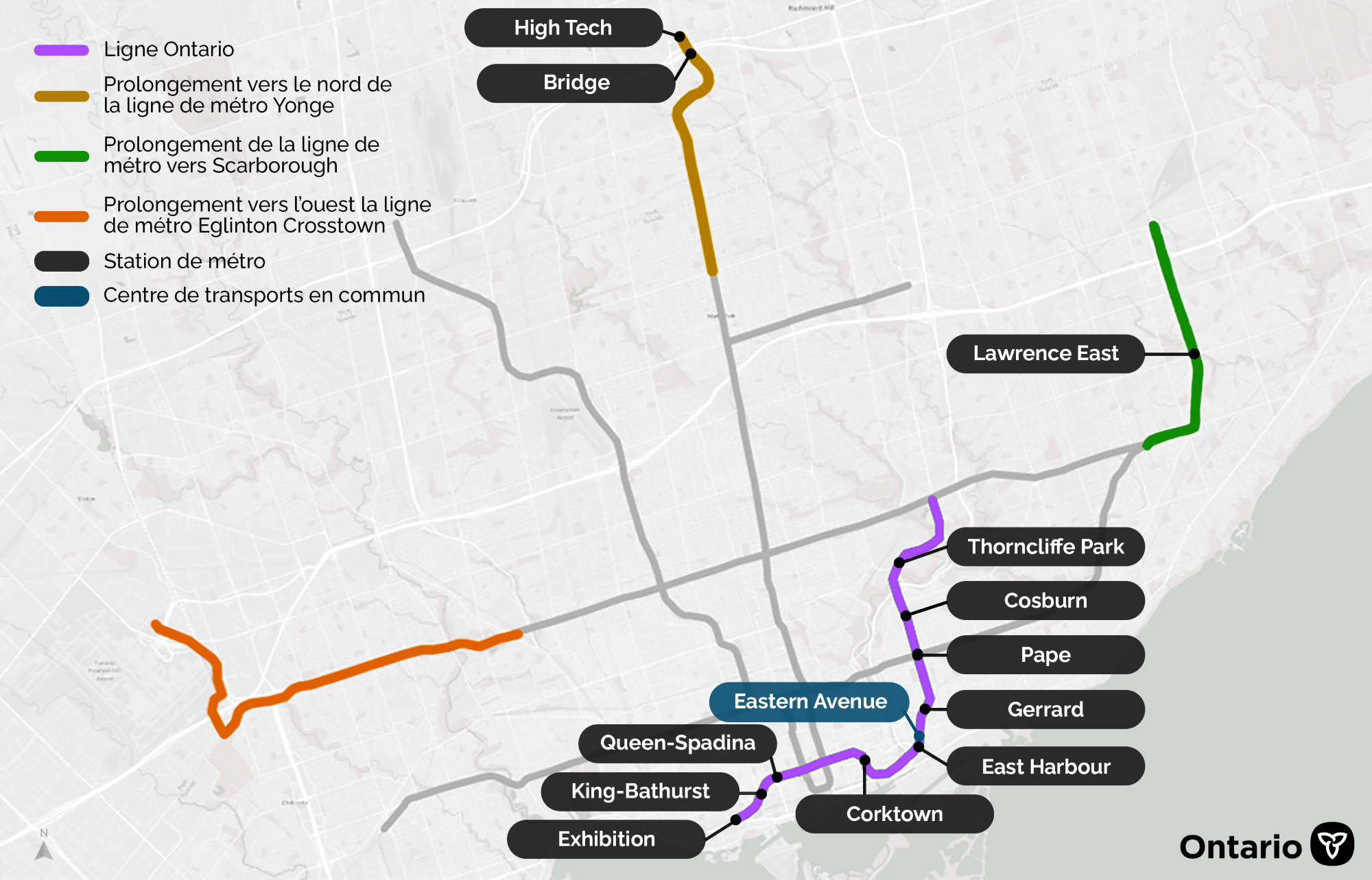 Une carte de Toronto illustrant quatre lignes de métro avec des étiquettes indiquant des communautés axées sur le transport en commun autour des stations et un centre de transports en commun. Il s’agit, en haut, des stations High Tech et Bridge, sur le prolongement vers le nord de la ligne de métro Yonge, à droite, de la station Lawrence East, sur le prolongement du métro vers Scarborough, et en bas, de gauche à droite, des stations Exhibition, King-Bathurst, Queen-Spadina, Corktown, East Harbour, Gerrard, Pape, Cosburn et Thorncliffe Park, sur la Ligne Ontario. Le centre de transports en commun de l’avenue Eastern est situé près de la station East Harbour et, sur le côté gauche de la carte, se trouve le prolongement de la ligne transurbaine Eglinton vers l’ouest.