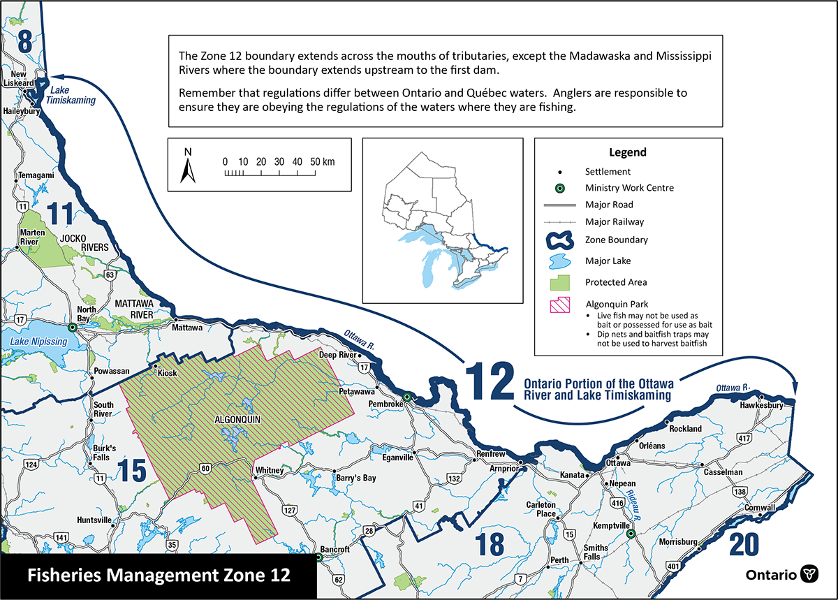 Zone 12 consists of Lake Temiskaming and the Ottawa River, including the Madawaska and Mississippi Rivers to the first dam.