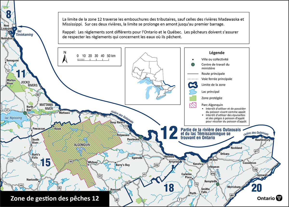 La zone 12 comprend le lac Témiscamingue et la rivière des Outaouais, y compris les rivières Madawaska et Mississippi jusqu’au premier barrage.
