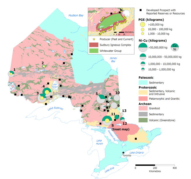 Map of Nickel, copper and platinum group elements occurrences in Ontario