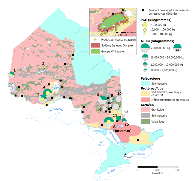 Carte des occurrences de nickel, de cuivre et d’éléments du groupe platine en Ontario