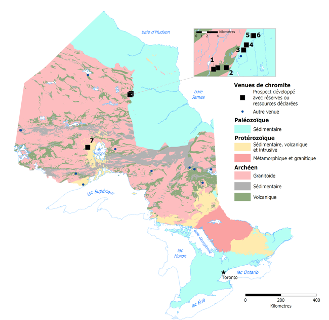 Carte des occurrences de chromite en Ontario