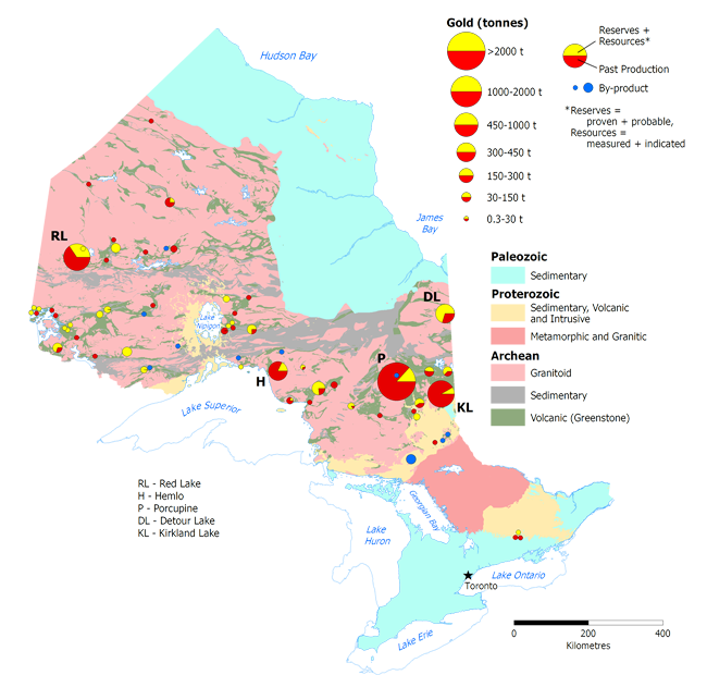 Map of gold occurrences in Ontario