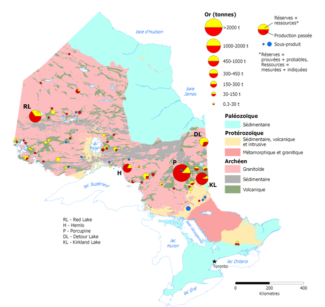 Carte des occurrences d’or en Ontario