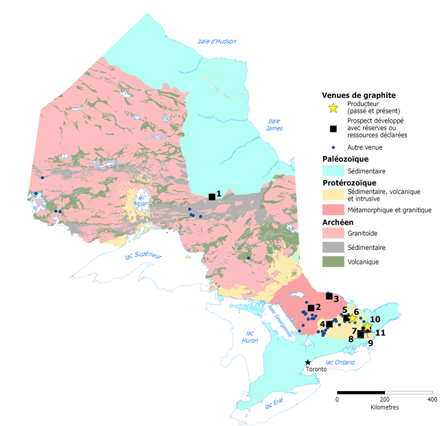 Carte des occurrences de graphite en Ontario
