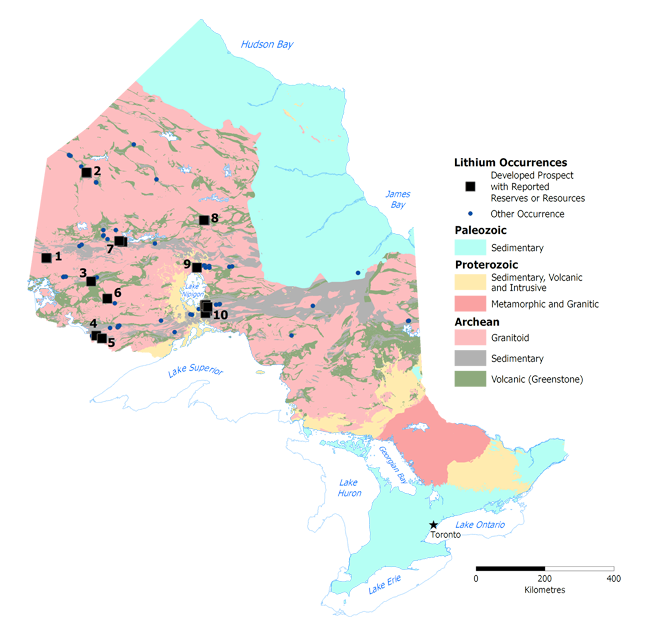 Map of lithium occurrences in Ontario